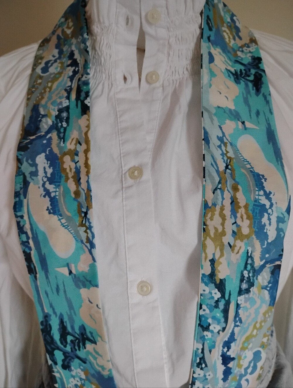 Liberty Art Fabric Tana Lawn Skinny Scarf Coastal Landscape Blue Sailboat Beach - Picture 13 of 15